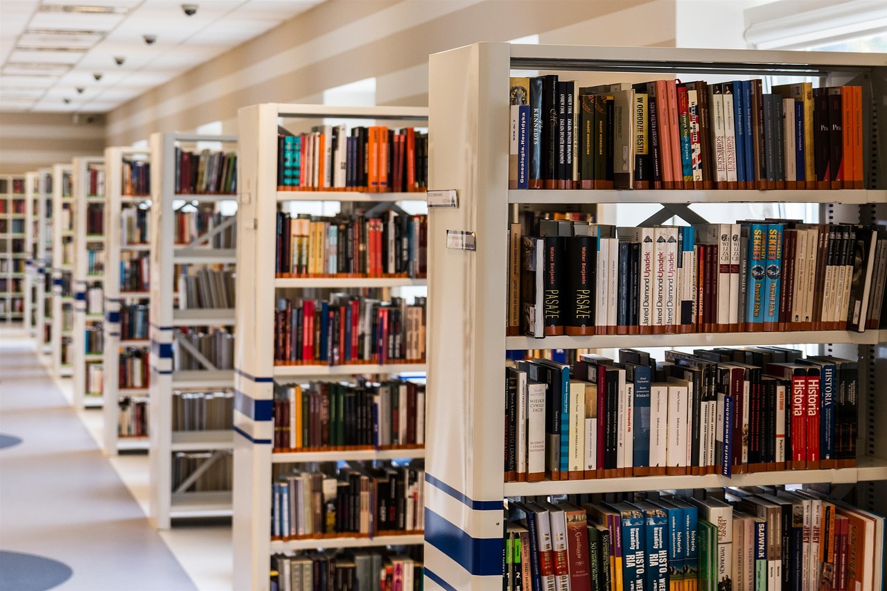 library, books, bookcases